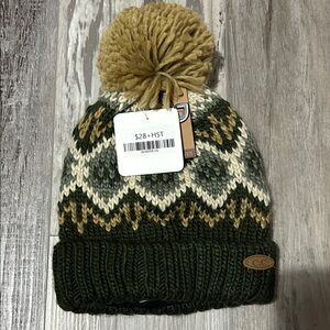 C.C Olive and Beige Knit Beanie with Pom